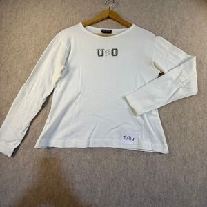 Alore Womens White Ribbed Long Sleeve U of O Rhinestone Graphic Top Size L USA